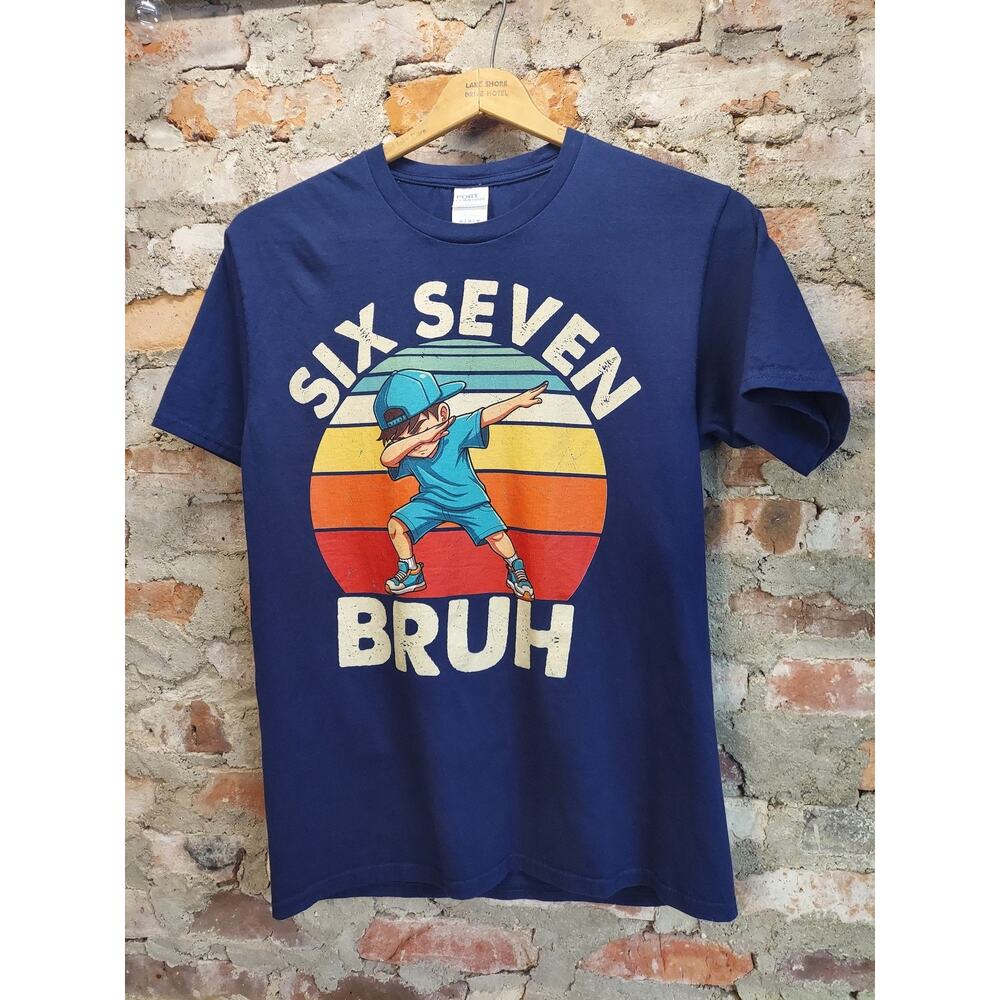 Port Company mens sz M 67 T Shirt Six Seven Bruh Dabbing Kid Graphic Navy Blue